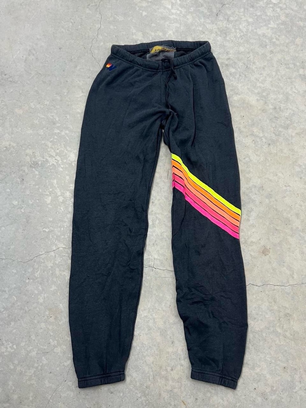 Aviator Nation Black Track Joggers with Neon Pink & Yellow Stripe